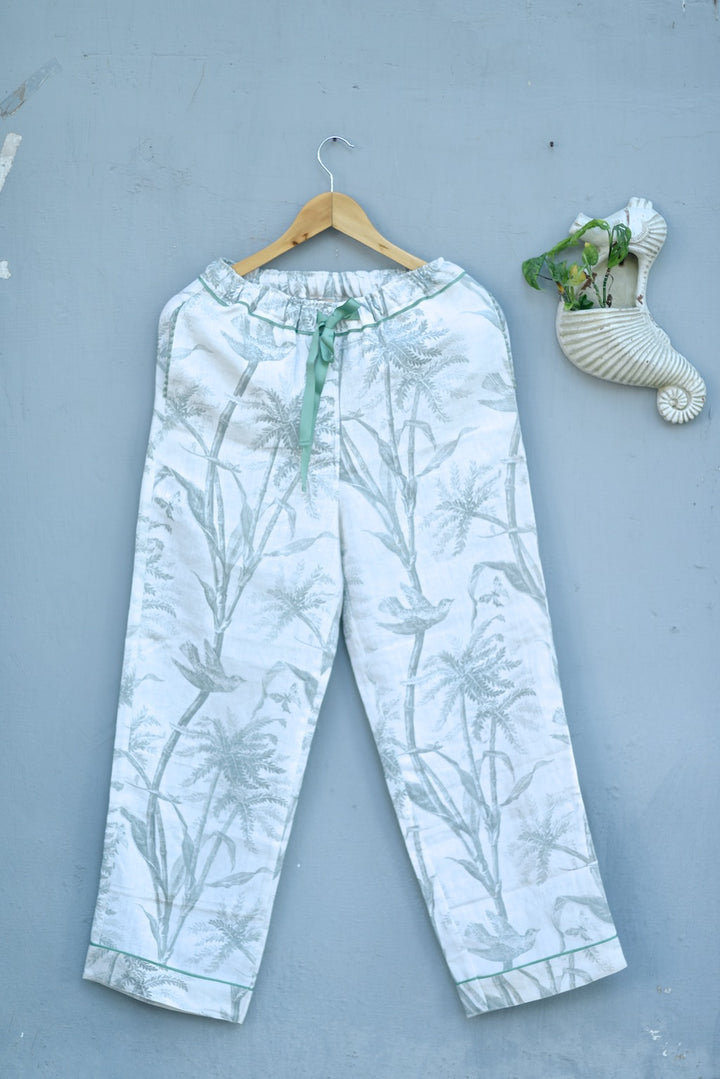 Zeme, Pure Linen Cream pajamas with Sage Color Bird Print with Pom Poms - kinchecom