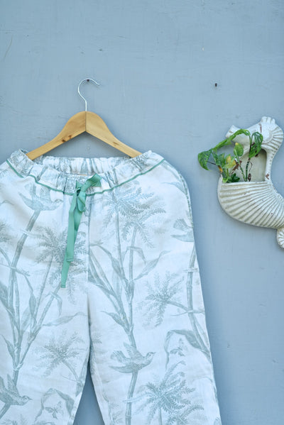 Zeme, Pure Linen Cream pajamas with Sage Color Bird Print with Pom Poms - kinchecom