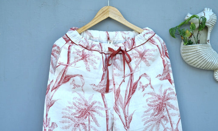 Jord, Pure Linen Cream Pajamas with Currant Color Bird Print with Pom Poms - kinchecom