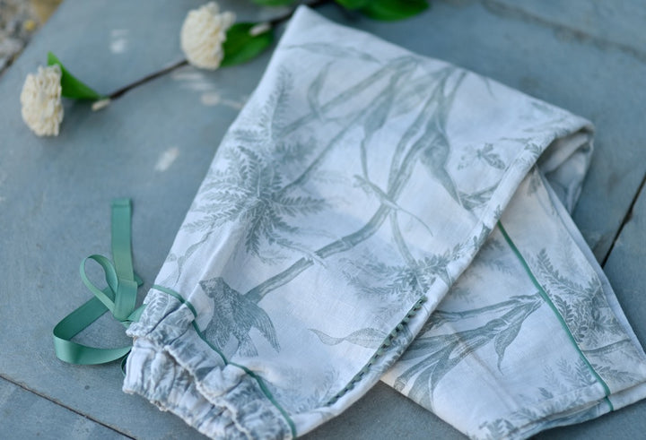 Zeme, Pure Linen Cream pajamas with Sage Color Bird Print with Pom Poms - kinchecom