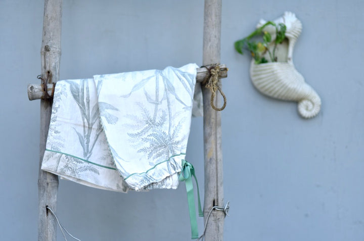 Zeme, Pure Linen Cream pajamas with Sage Color Bird Print with Pom Poms - kinchecom