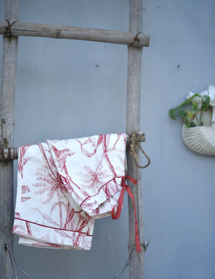 Jord, Pure Linen Cream Pajamas with Currant Color Bird Print with Pom Poms - kinchecom