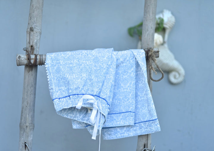 Ila, White and Blue Floral Print jammies with Pom Poms - kinchecom