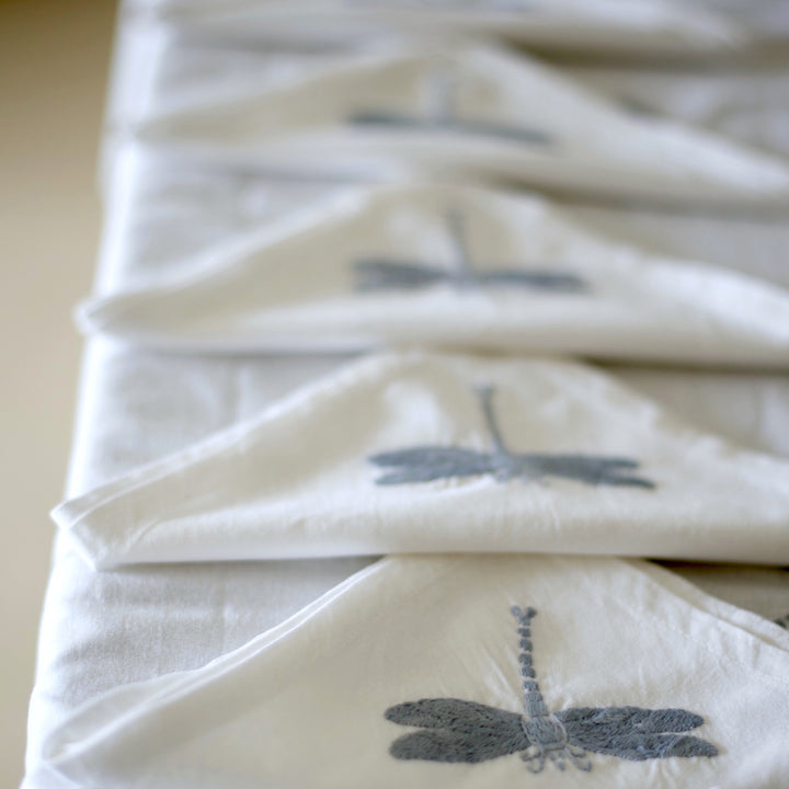 Hand Embroidered Grey Dragon Fly Tablecloth for 6-8 Seating 96X60 Inches - kinchecom