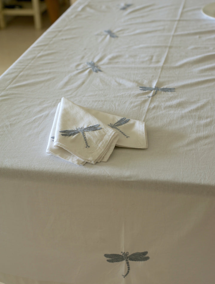 Hand Embroidered Grey Dragon Fly Tablecloth for 6-8 Seating 96X60 Inches - kinchecom