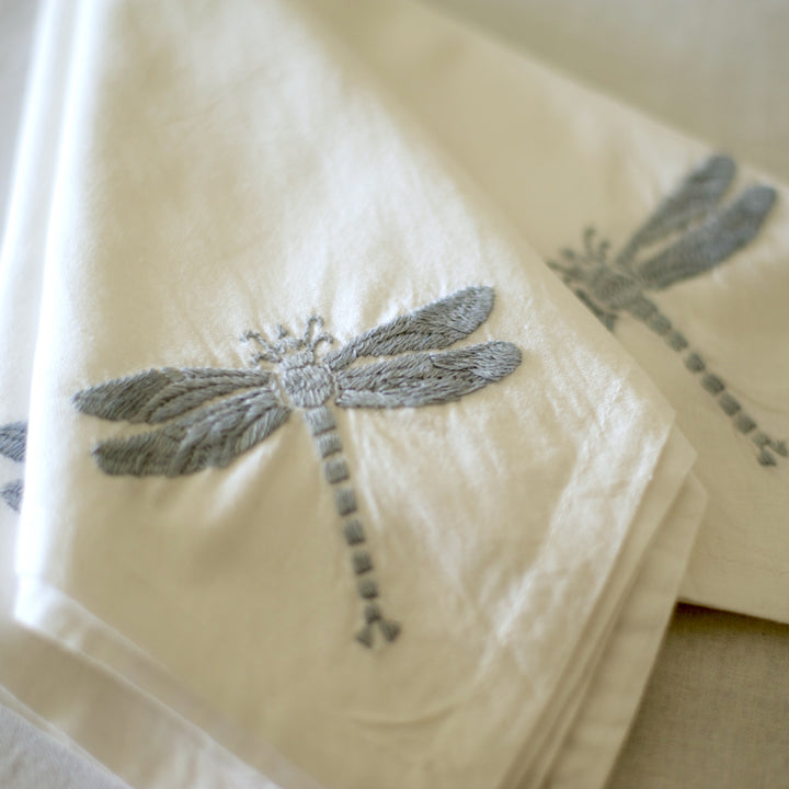 Hand Embroidered Grey Dragon Fly Tablecloth for 6-8 Seating 96X60 Inches - kinchecom
