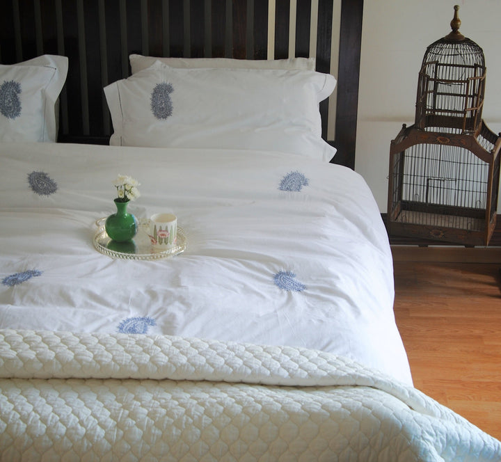 Hand Embroidered Grey Paisleys on White Cotton Duvet Cover King Size 102x98" - kinchecom