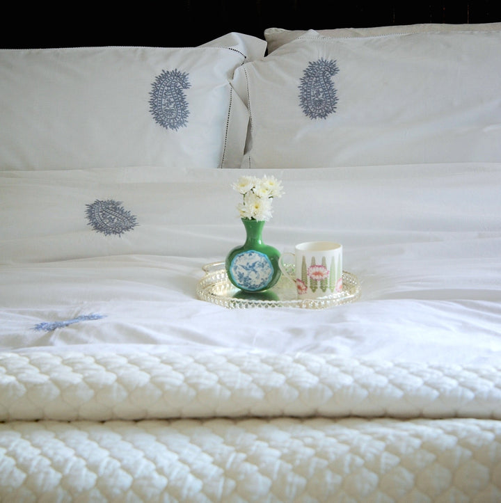 Hand Embroidered Grey Paisleys on White Cotton Duvet Cover King Size 102x98" - kinchecom