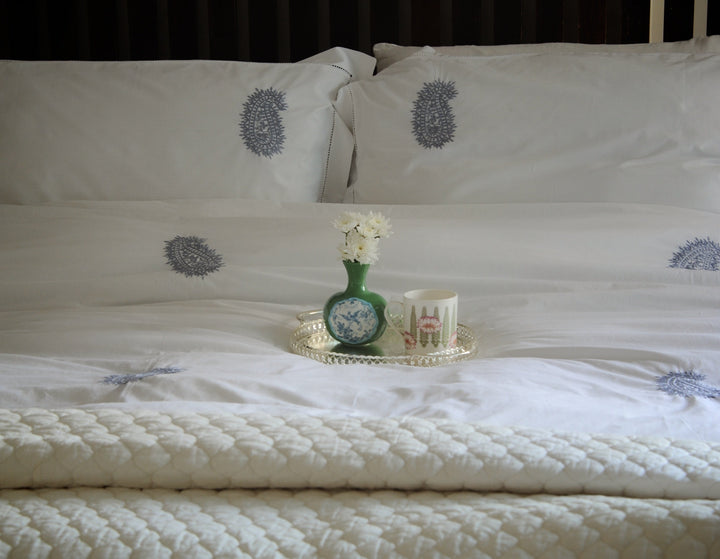 Hand Embroidered Grey Paisleys on White Cotton Duvet Cover King Size 102x98" - kinchecom