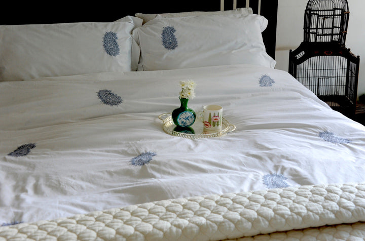 Hand Embroidered Grey Paisleys on White Cotton Duvet Cover King Size 102x98" - kinchecom