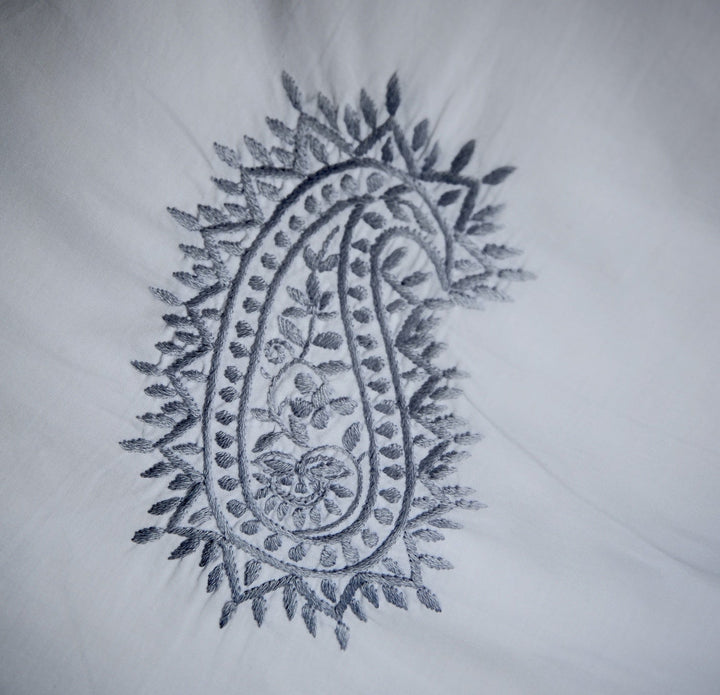 Hand Embroidered Grey Paisleys on White Cotton Duvet Cover King Size 102x98" - kinchecom