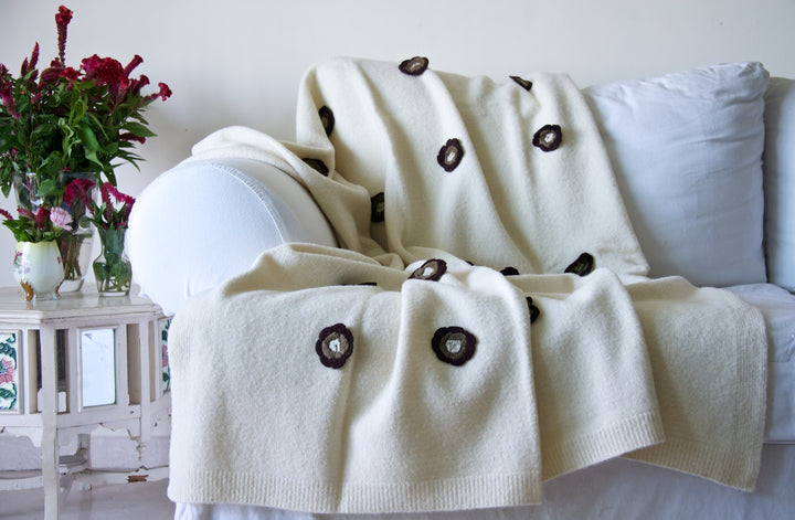 Enyo, Pure Wool, Lambs Wool Knitted Throw/ Blanket With Crochet Flowers 50X70 inches - kinchecom