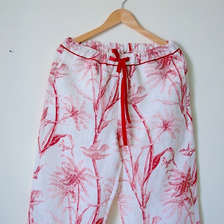 Jord, Pure Linen Cream Pajamas with Currant Color Bird Print with Pom Poms - kinchecom