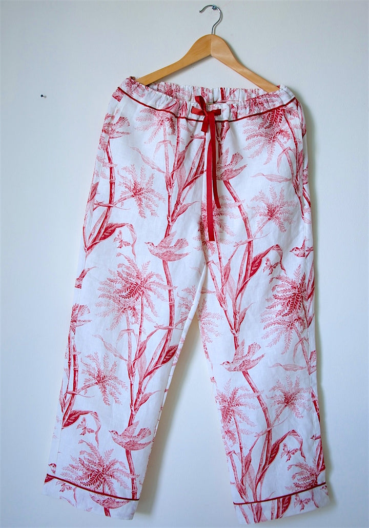 Jord, Pure Linen Cream Pajamas with Currant Color Bird Print with Pom Poms - kinchecom