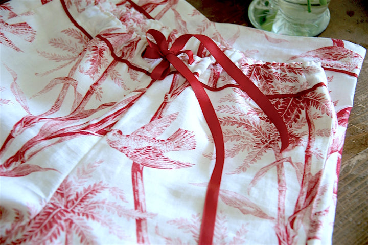 Jord, Pure Linen Cream Pajamas with Currant Color Bird Print with Pom Poms - kinchecom