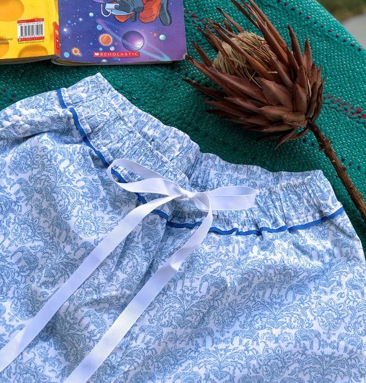 Ila, White and Blue Floral Print jammies with Pom Poms - kinchecom