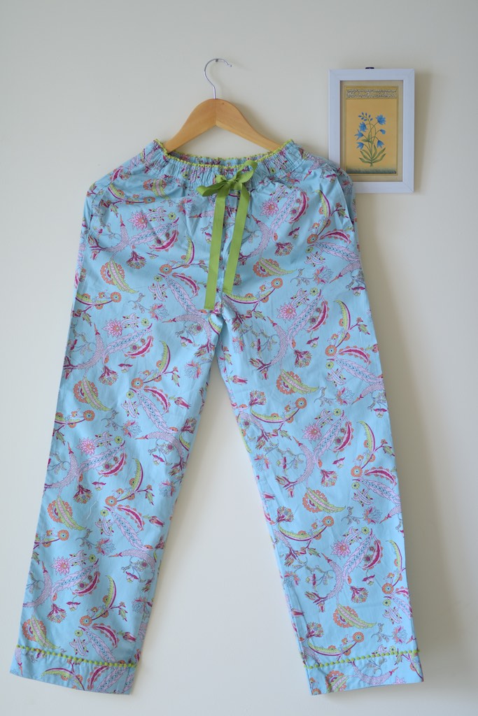 Hina, Pure Cotton Blue & Pink Floral Print Pajama with Green Lace and Pom Pom at bottom - kinchecom