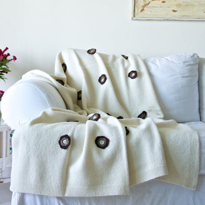 Enyo, Pure Wool, Lambs Wool Knitted Throw/ Blanket With Crochet Flowers 50X70 inches - kinchecom