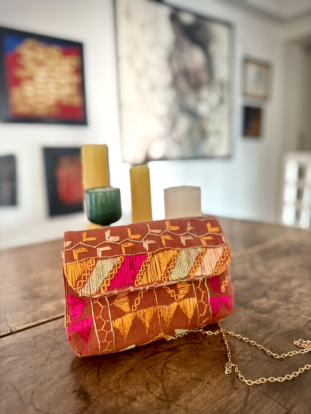 Sara, Notebook Clutch made with Vintage Phulkari Bagh & brass Chain, Medium