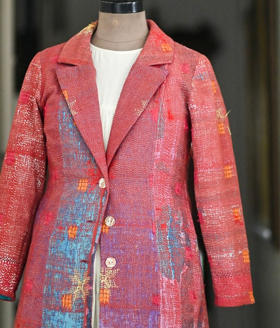 Gul, Handmade Vintage Distressed Kantha Long Blazer in Medium - kinchecom