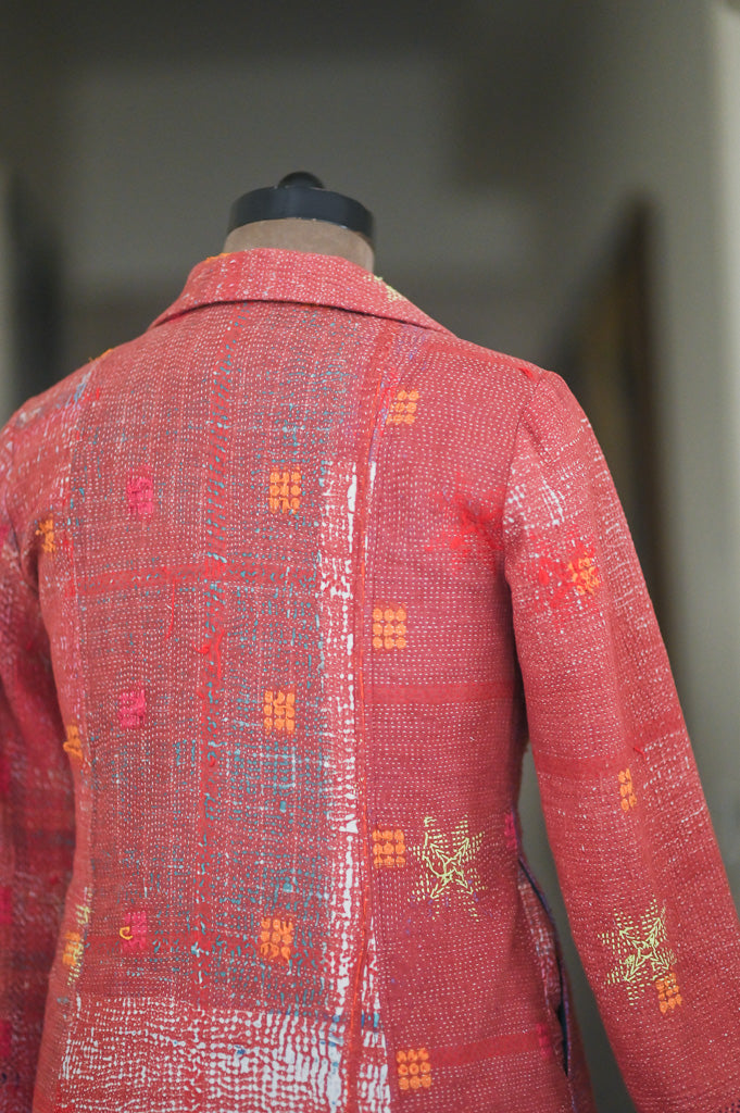 Gul, Handmade Vintage Distressed Kantha Long Blazer in Medium - kinchecom