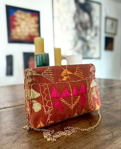 Sara, Notebook Clutch made with Vintage Phulkari Bagh & brass Chain, Medium