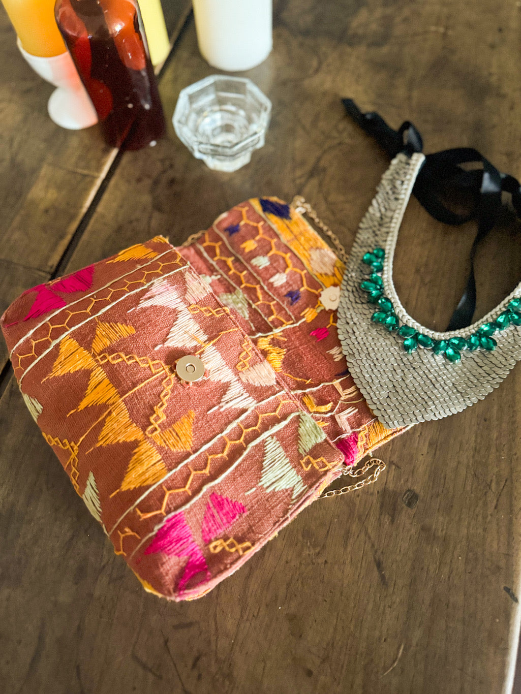 Sara, Notebook Clutch made with Vintage Phulkari Bagh & brass Chain, Medium