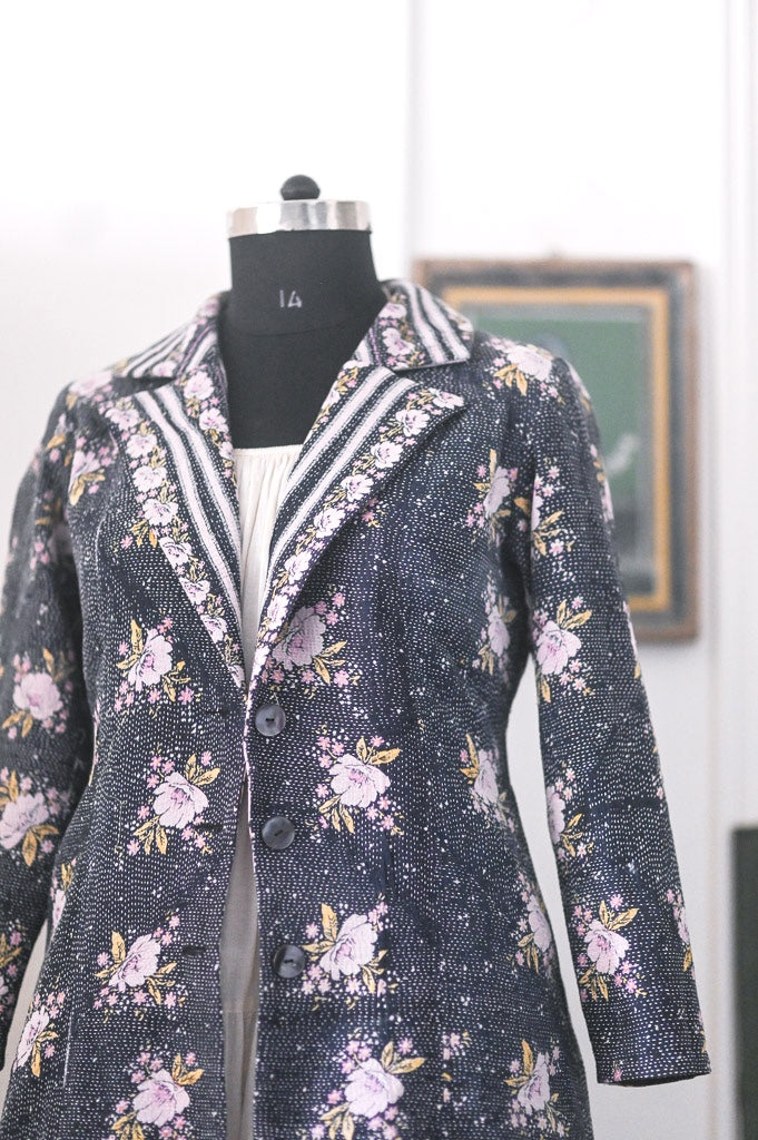 Celeste, Handmade Vintage Kantha Long Blazer in XL