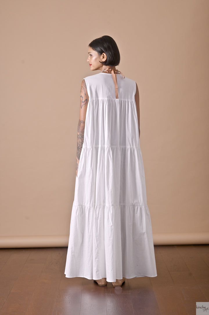 Poppy White, Long Cotton Maxi Dress, Front Open, Sustainably Made - kinchecom