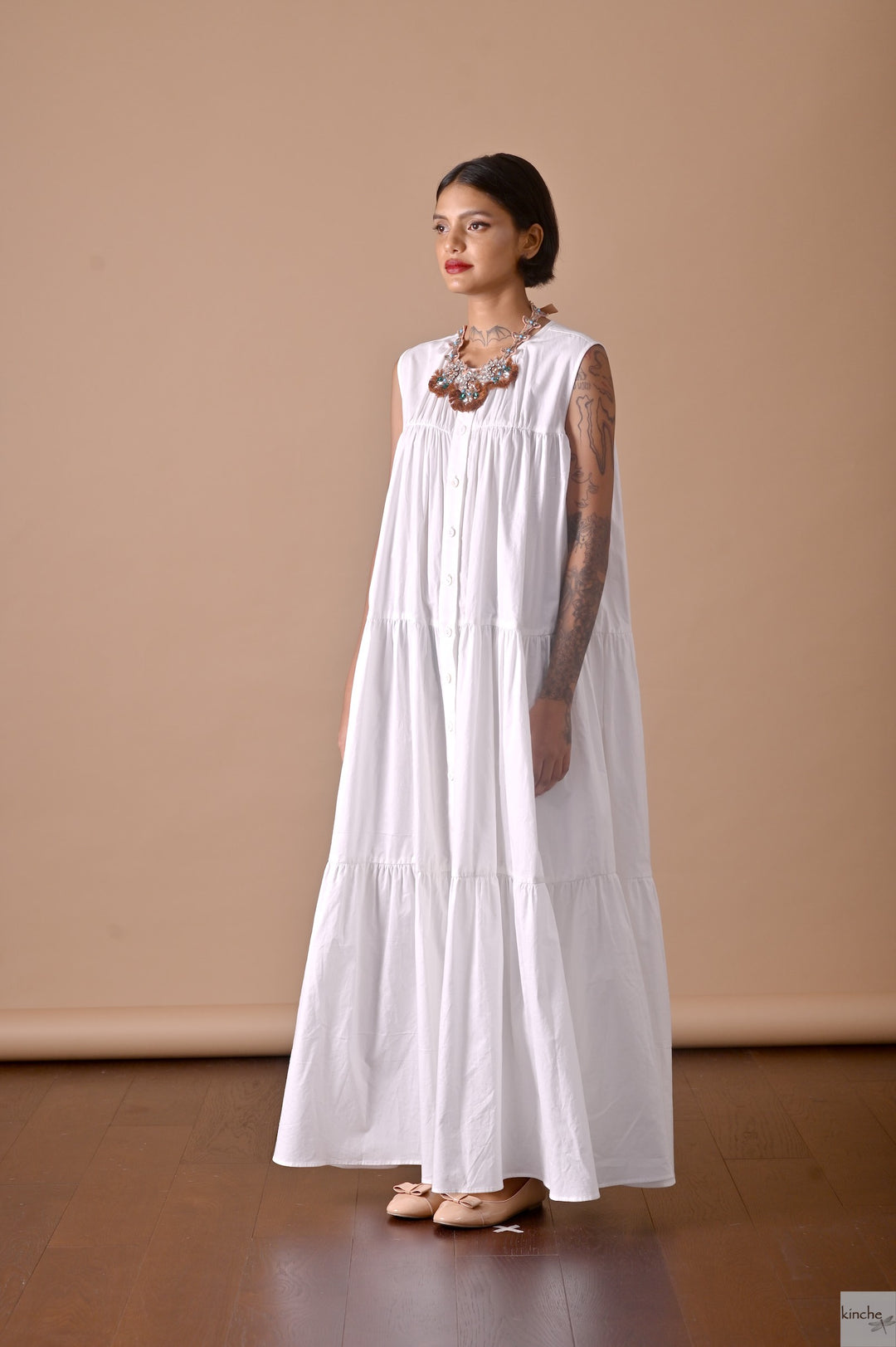 Poppy White, Long Cotton Maxi Dress, Front Open, Sustainably Made - kinchecom