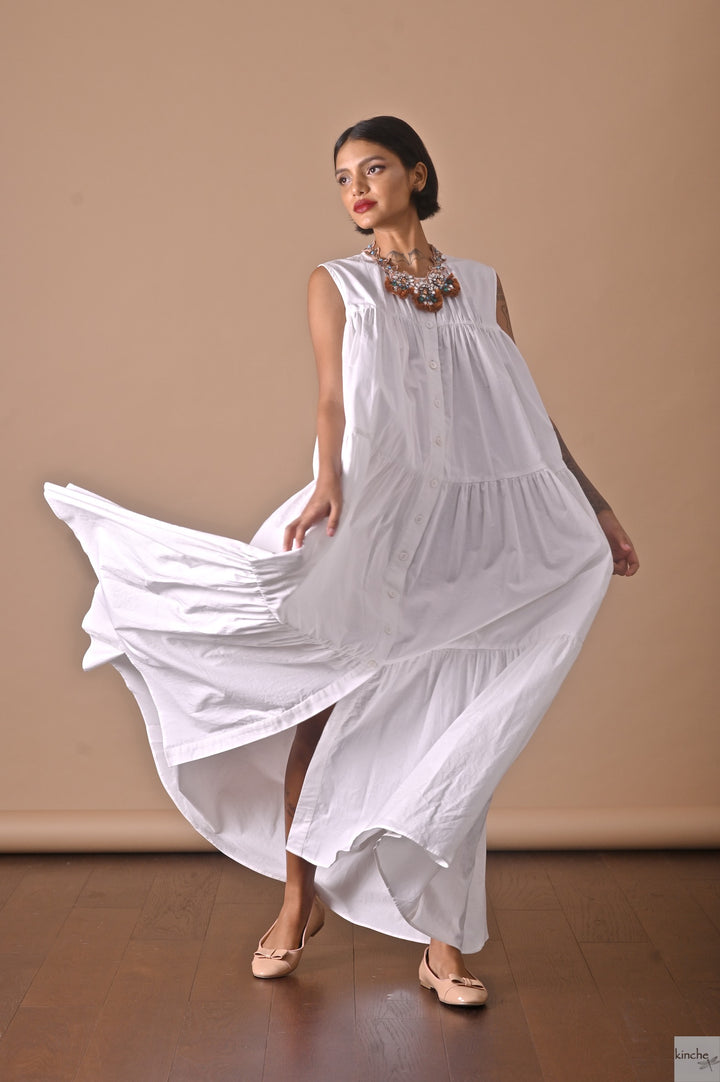 Poppy White, Long Cotton Maxi Dress, Front Open, Sustainably Made - kinchecom