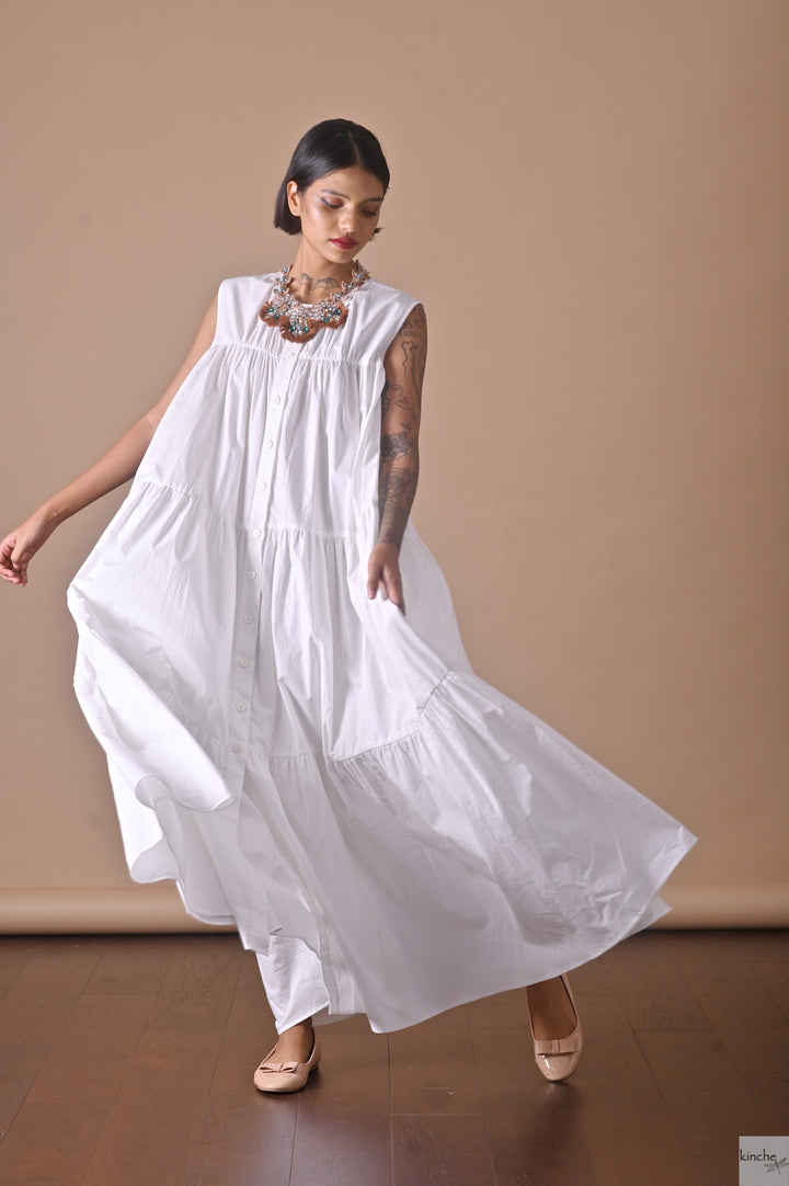 Poppy White, Long Cotton Maxi Dress, Front Open, Sustainably Made - kinchecom