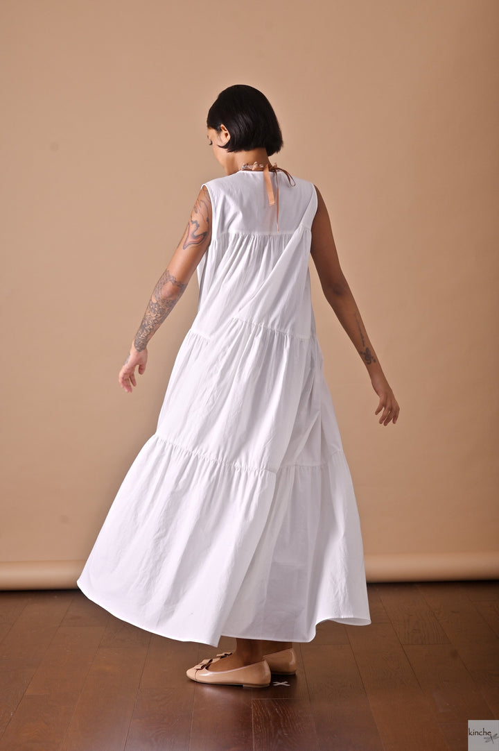 Poppy White, Long Cotton Maxi Dress, Front Open, Sustainably Made - kinchecom
