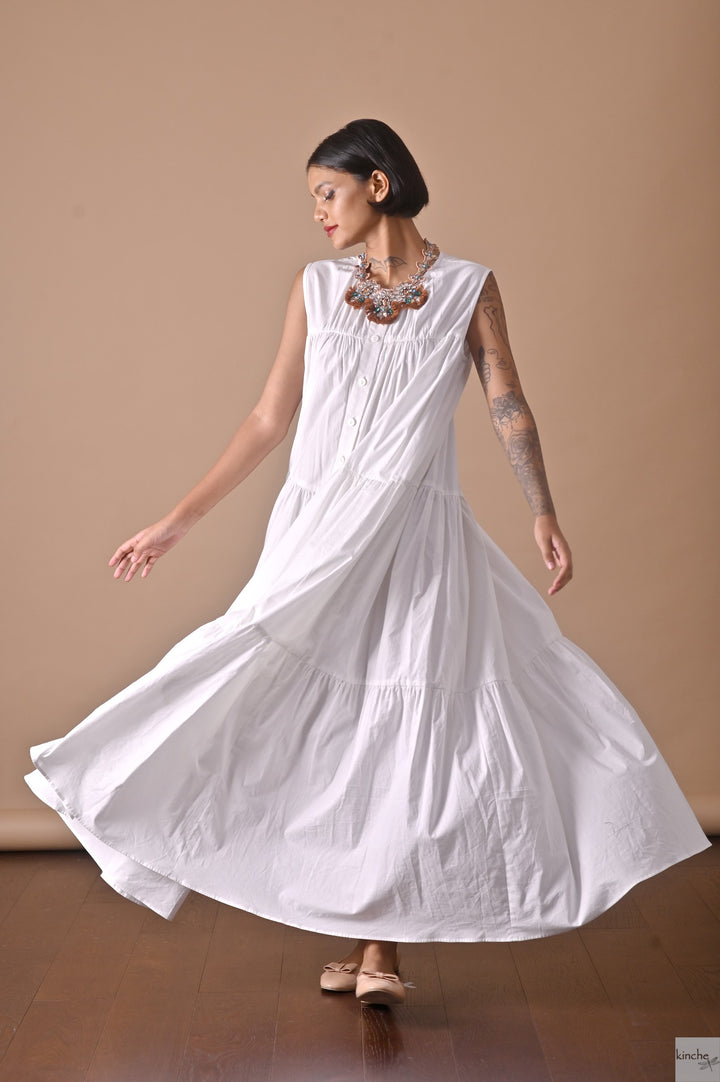 Poppy White, Long Cotton Maxi Dress, Front Open, Sustainably Made - kinchecom