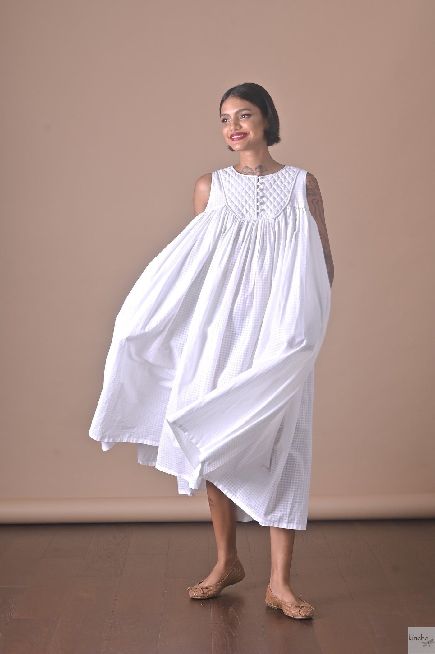 Tara, Handmade Quilted Yolk, Long  Dress in White