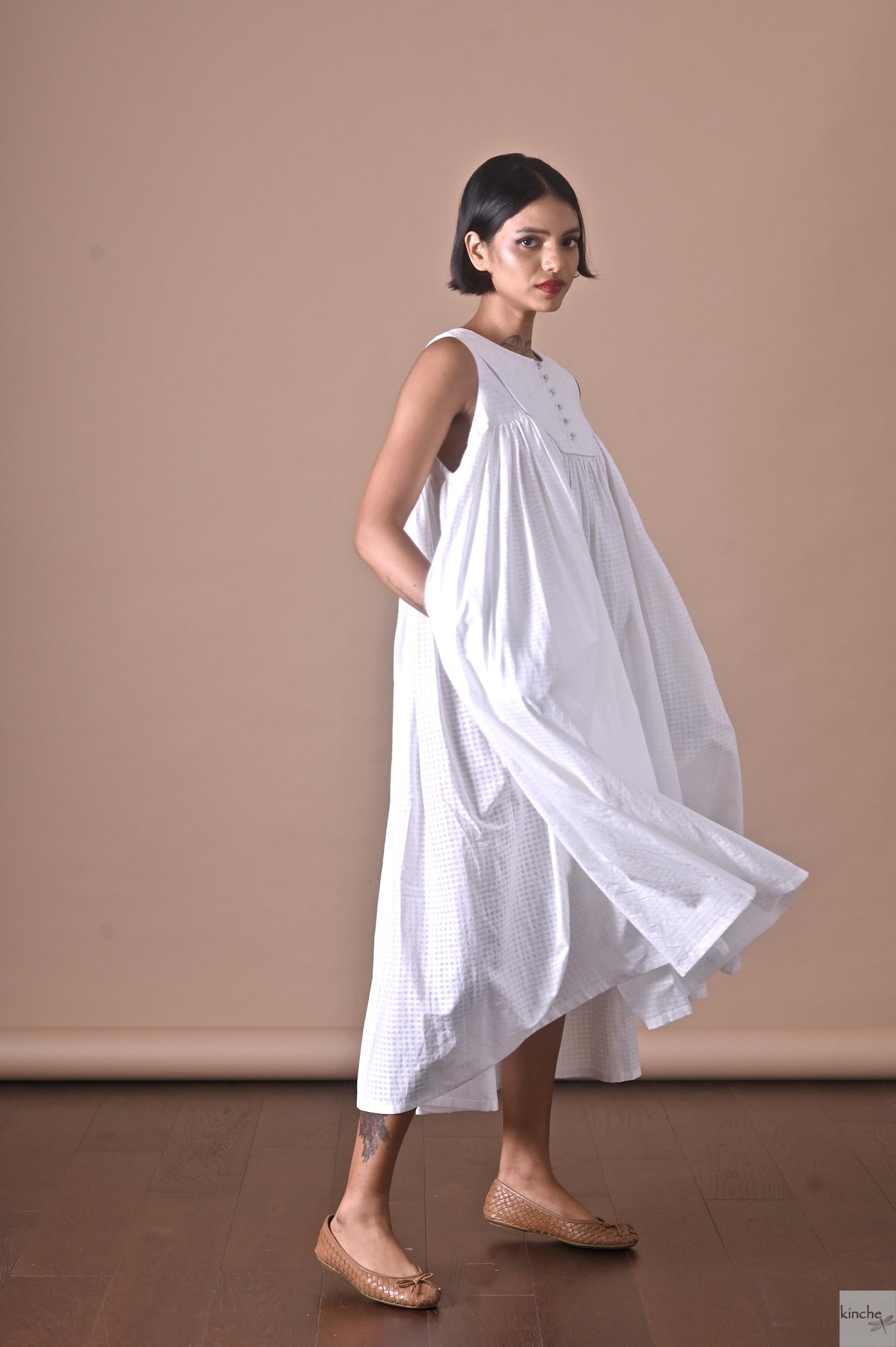 Tara, Handmade Quilted Yolk, Long  Dress in White