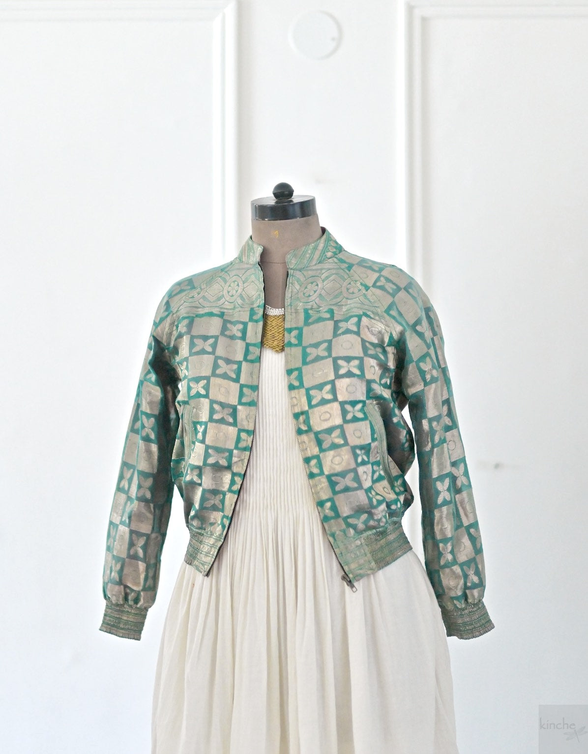 Turquoise, Rare weave pattern Bomber Jacket in Silk Zari, S & L