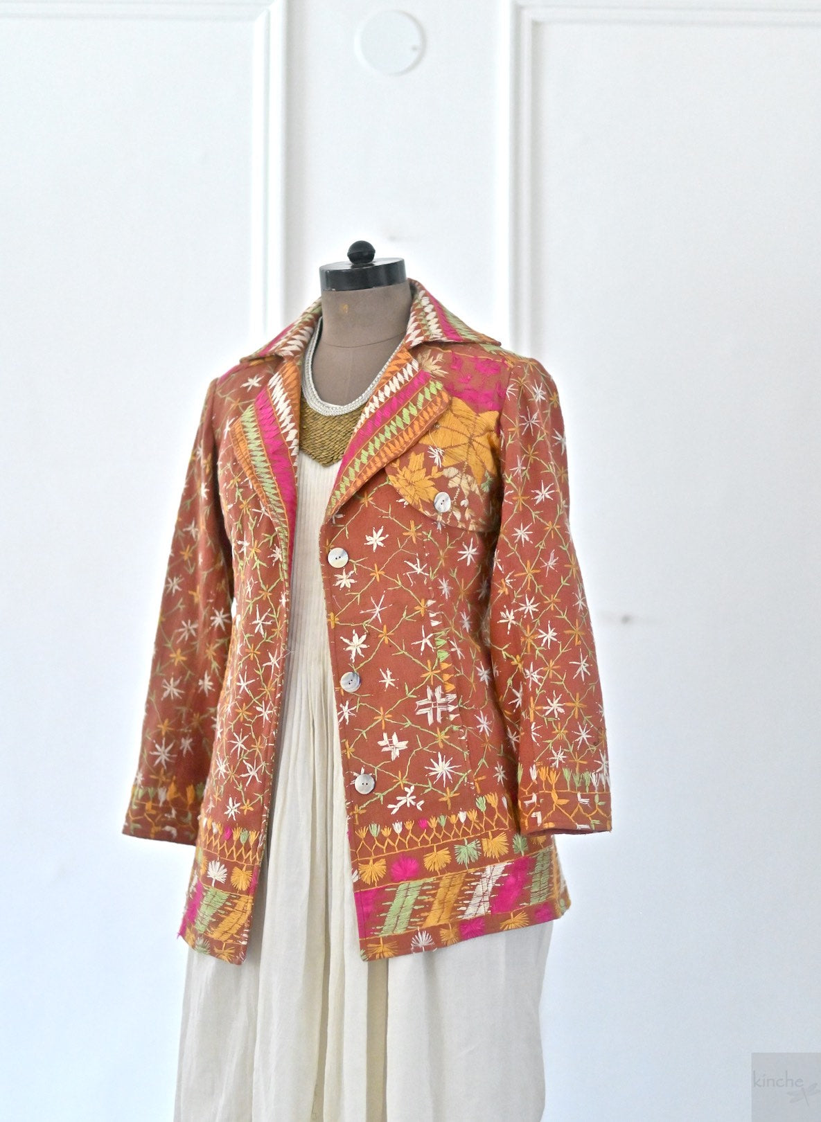 Aagya, Size Medium Vintage Phulkari Trench Jacket, One of a Kind