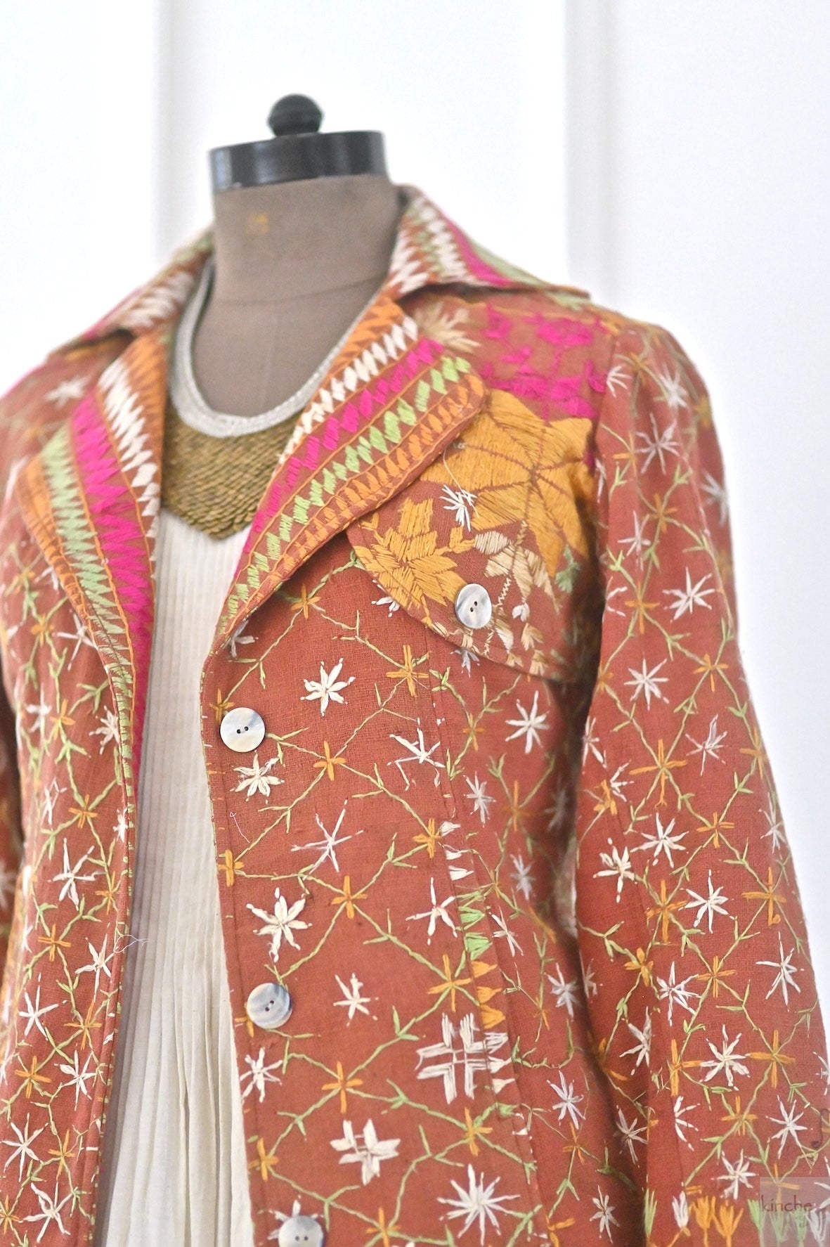 Aagya, Size Medium Vintage Phulkari Trench Jacket, One of a Kind