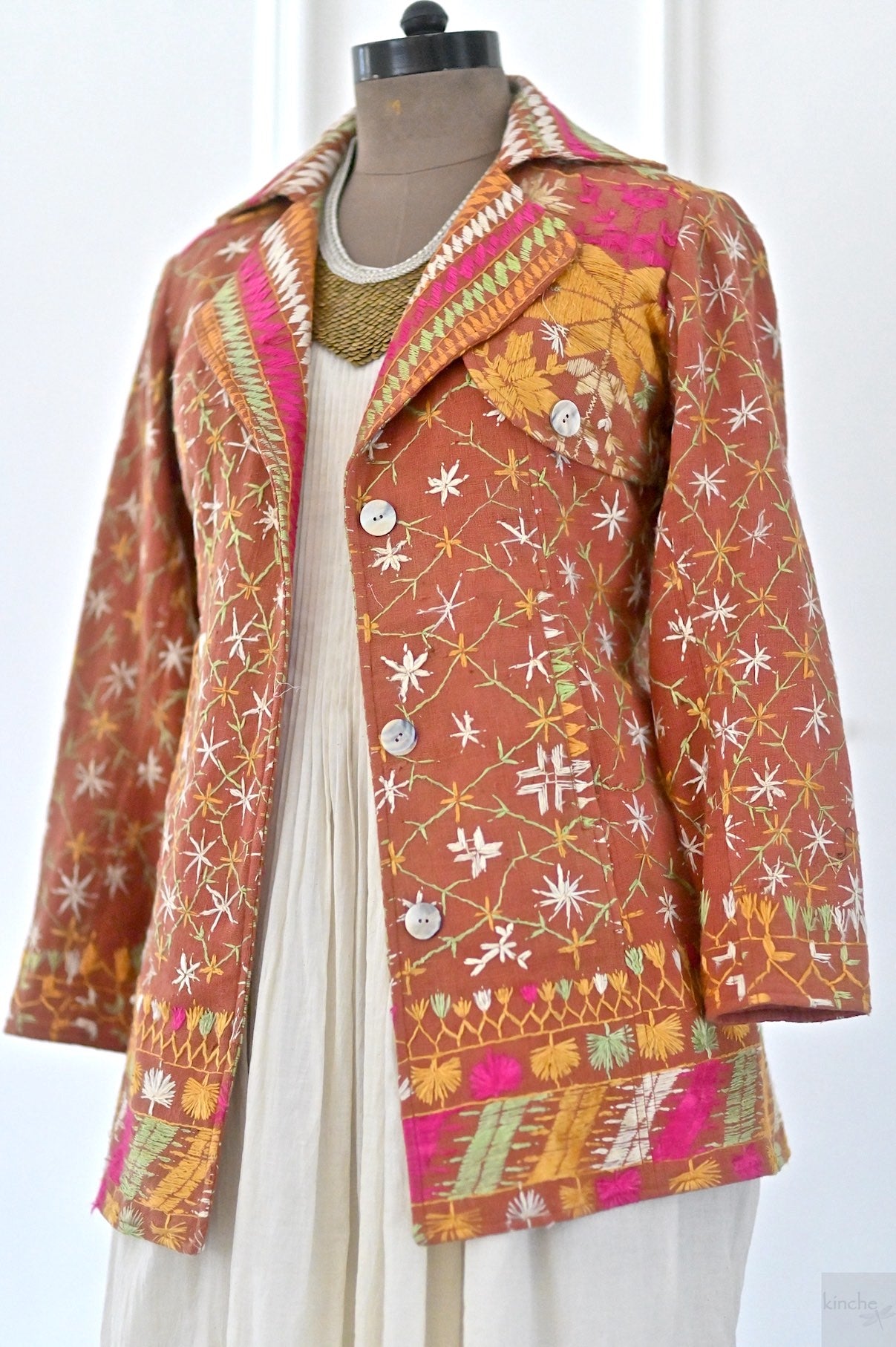 Aagya, Size Medium Vintage Phulkari Trench Jacket, One of a Kind