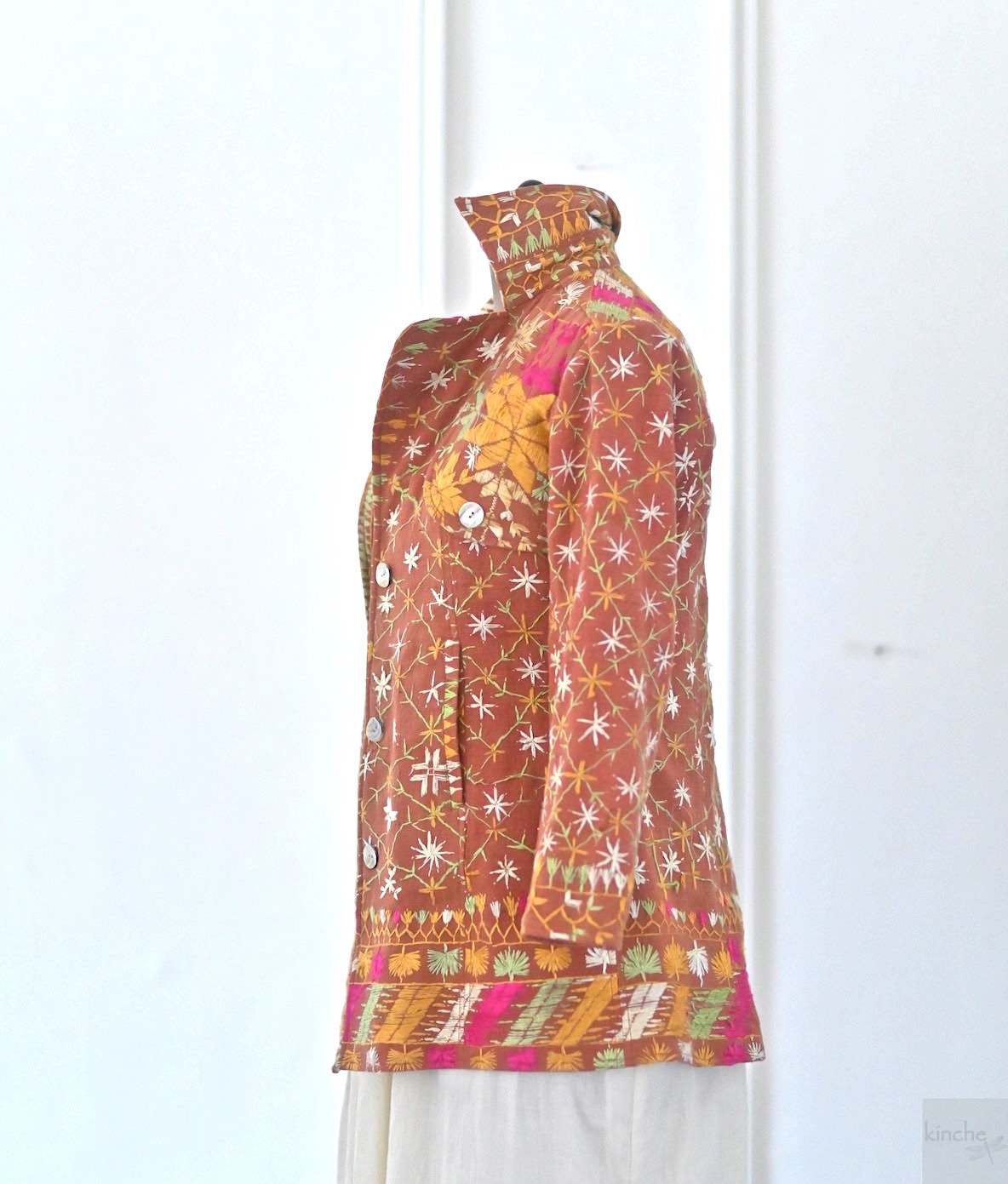 Aagya, Size Medium Vintage Phulkari Trench Jacket, One of a Kind