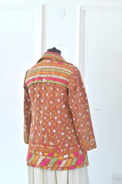 Aagya, Size Medium Vintage Phulkari Trench Jacket, One of a Kind