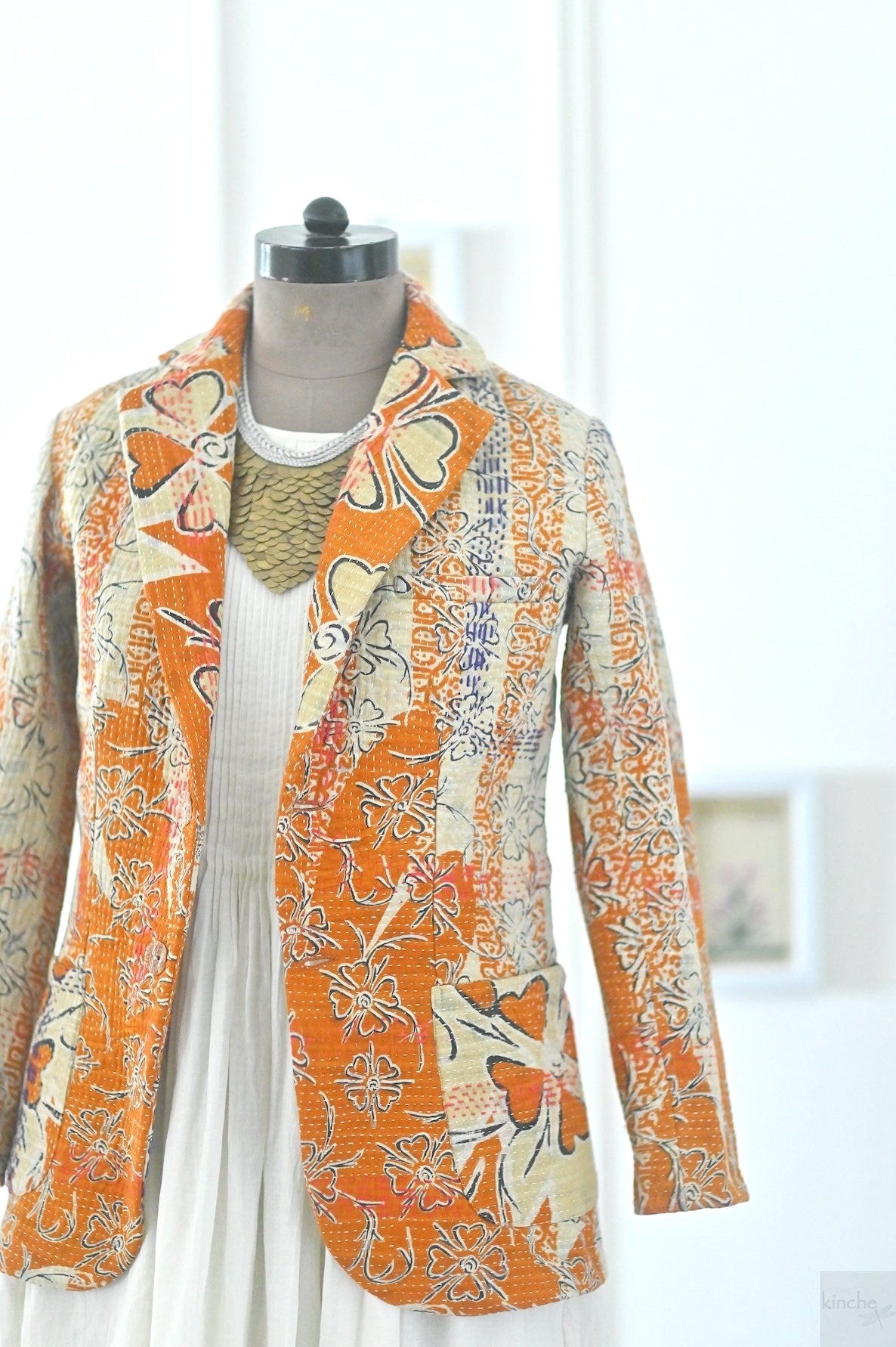 Robin, Women's Stylish Kantha Quilted Blazer in Deep Orange