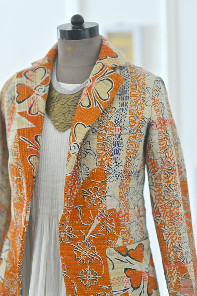 Robin, Women's Stylish Kantha Quilted Blazer in Deep Orange