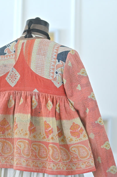 Small, Istanbul, Hand Crafted & Hand Embroidered Kantha Kediya Jacket in Orange