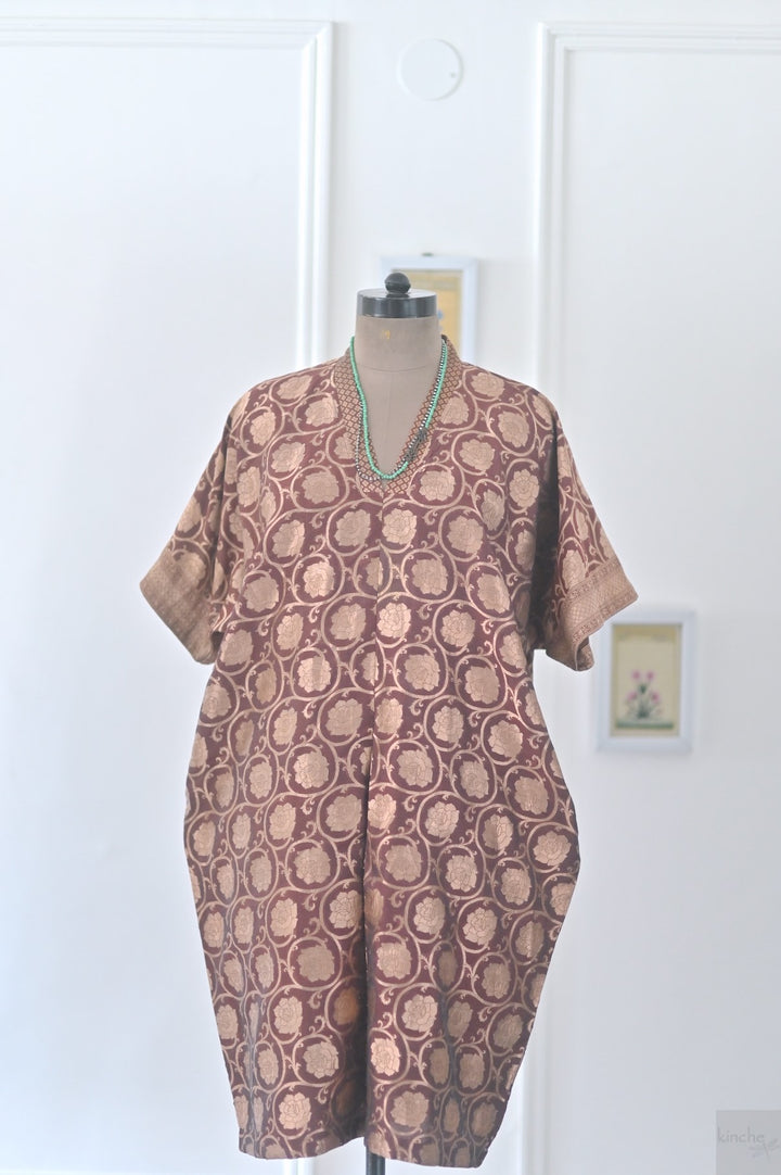 Bursa, Vintage Zari Silk, Bronze and Brown, Kaftan Dress in Size M-L