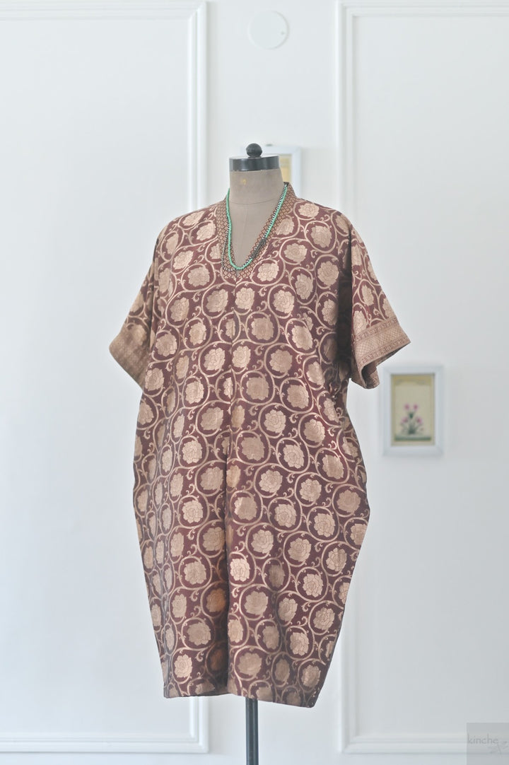 Bursa, Vintage Zari Silk, Bronze and Brown, Kaftan Dress in Size M-L