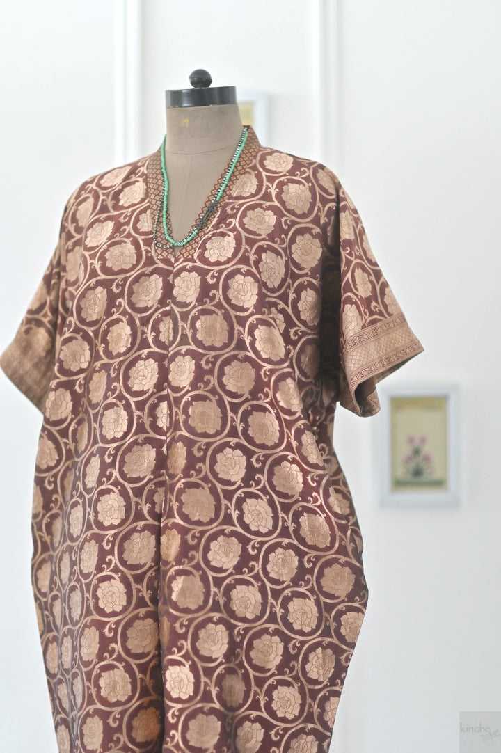 Bursa, Vintage Zari Silk, Bronze and Brown, Kaftan Dress in Size M-L