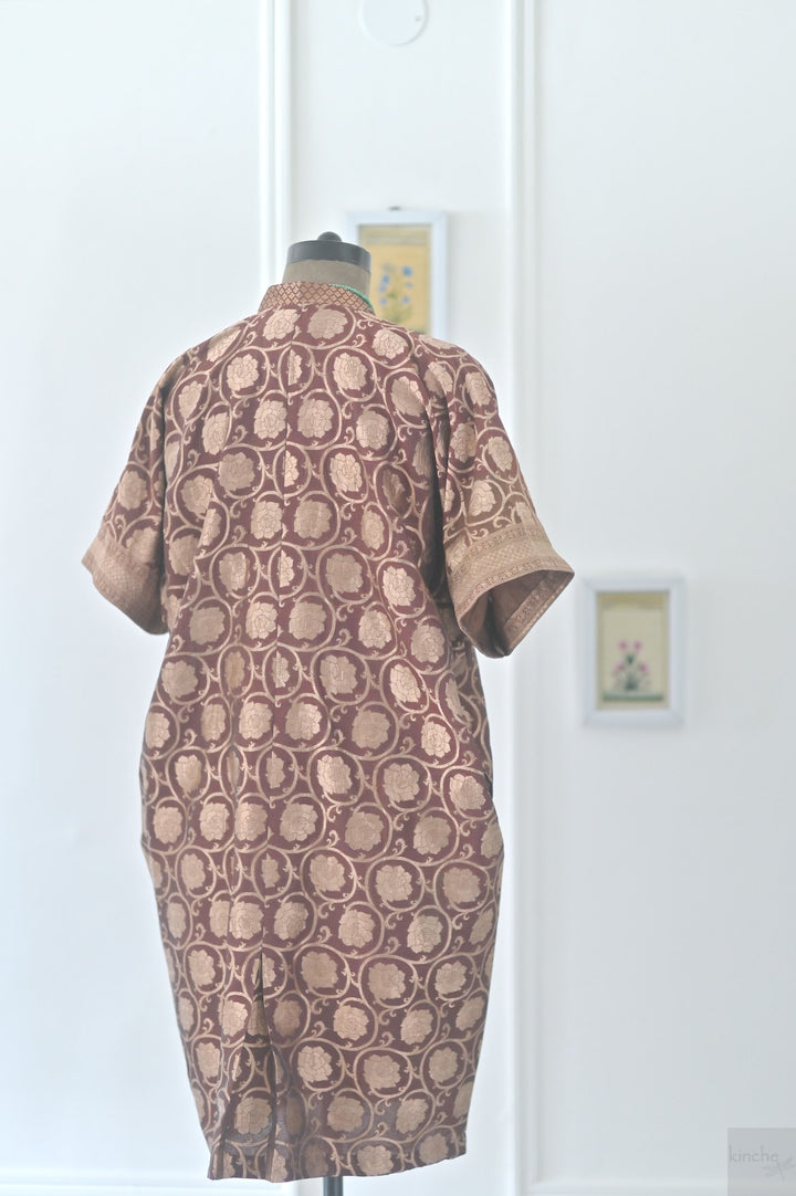 Bursa, Vintage Zari Silk, Bronze and Brown, Kaftan Dress in Size M-L