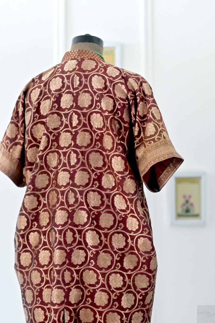 Bursa, Vintage Zari Silk, Bronze and Brown, Kaftan Dress in Size M-L